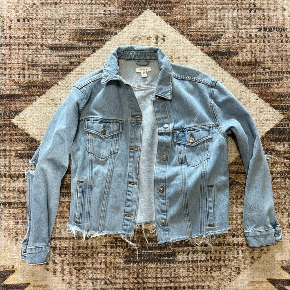 Topshop Distressed Frayed Hem Light Blue Denim Jacket size 4
